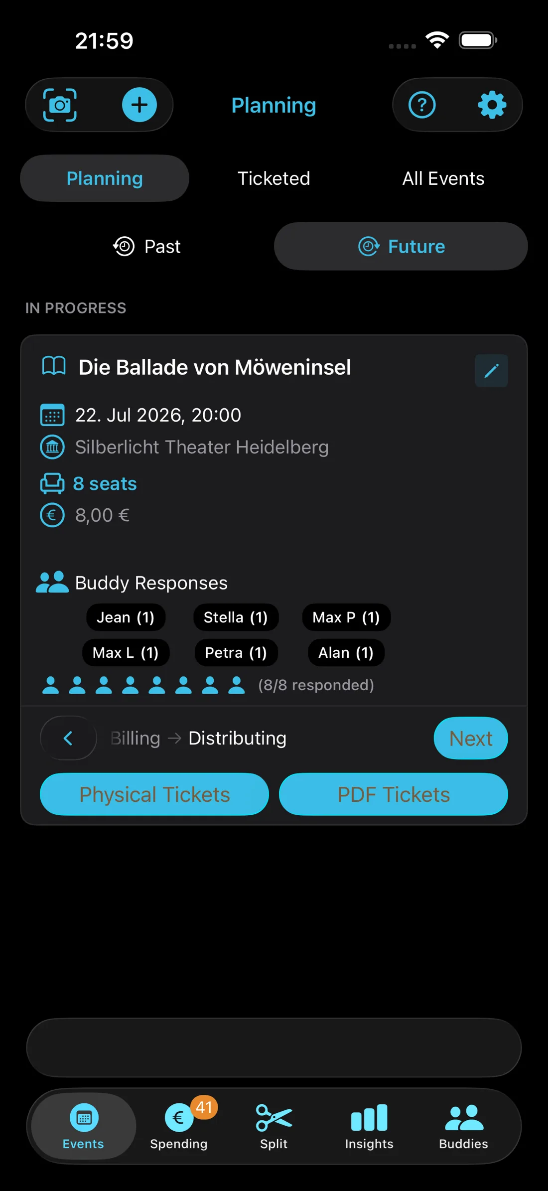 Planning an event in TicketFae with live seat poll answers from eight friends