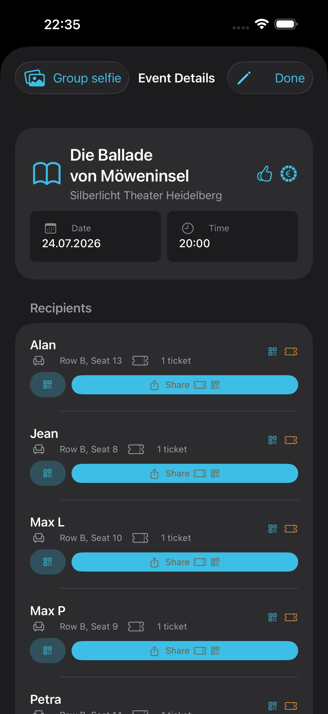 TicketFae ticketed event card showing each friend's assigned seats and delivery status