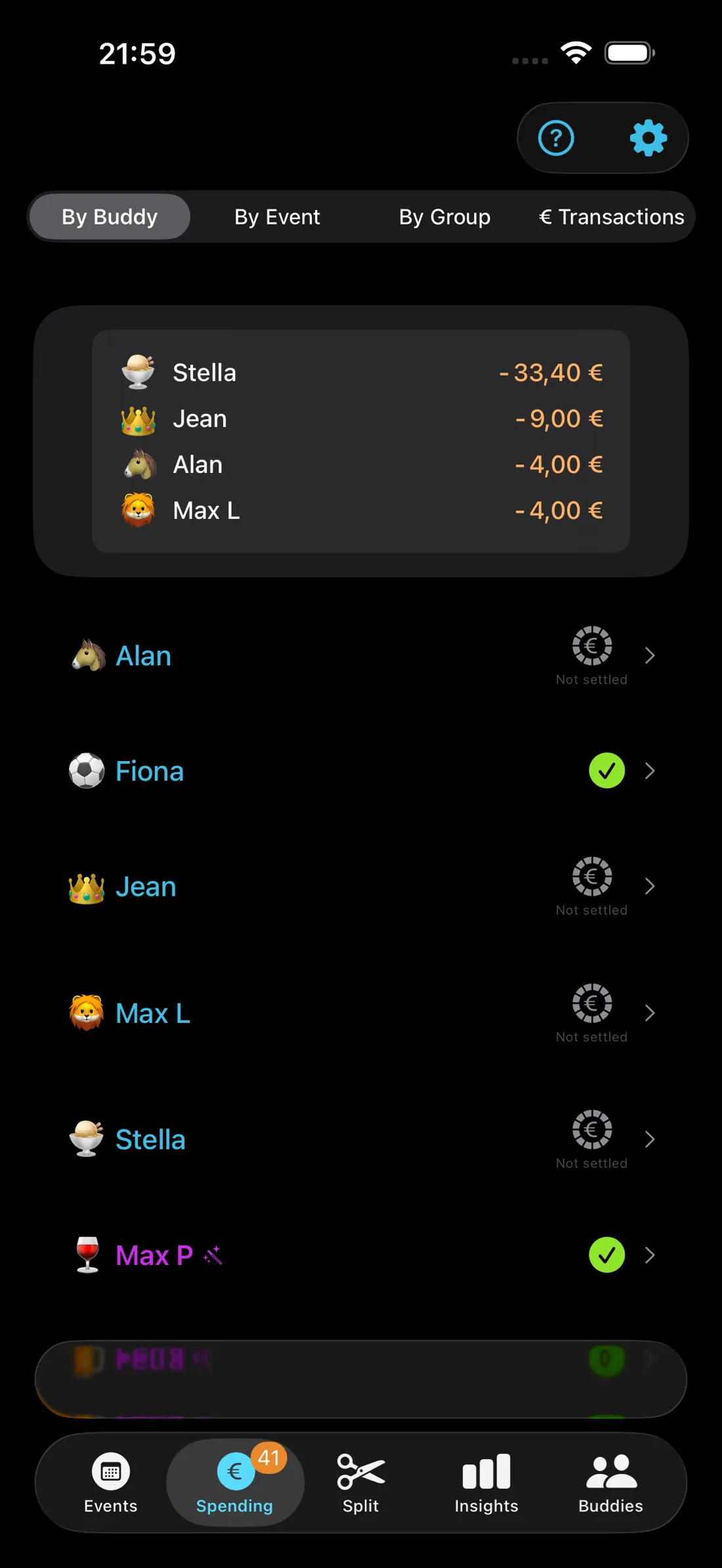 Spending view showing who owes what with PayPal and SEPA payment request buttons