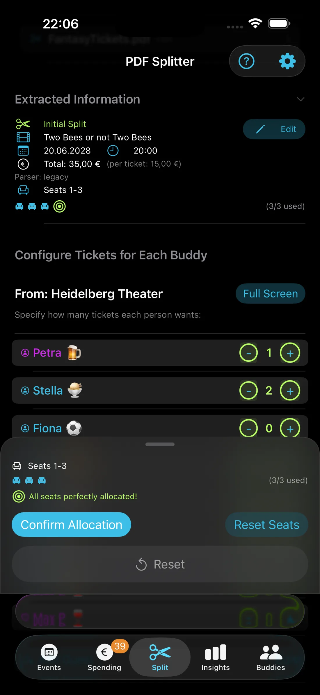 TicketFae PDF split screen assigning tickets from one PDF to each buddy