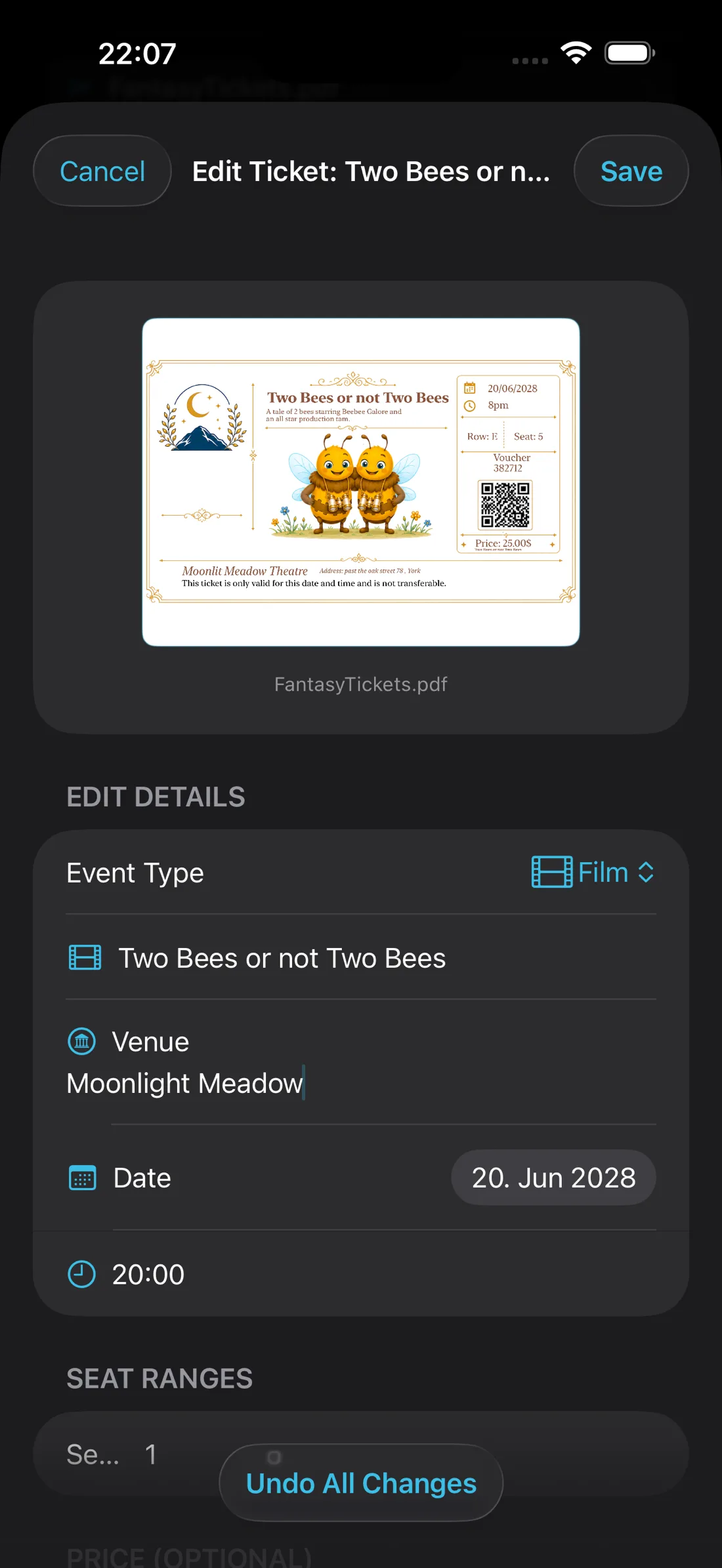 TicketFae automatically extracts film, date, venue, seats and price from the ticket PDF