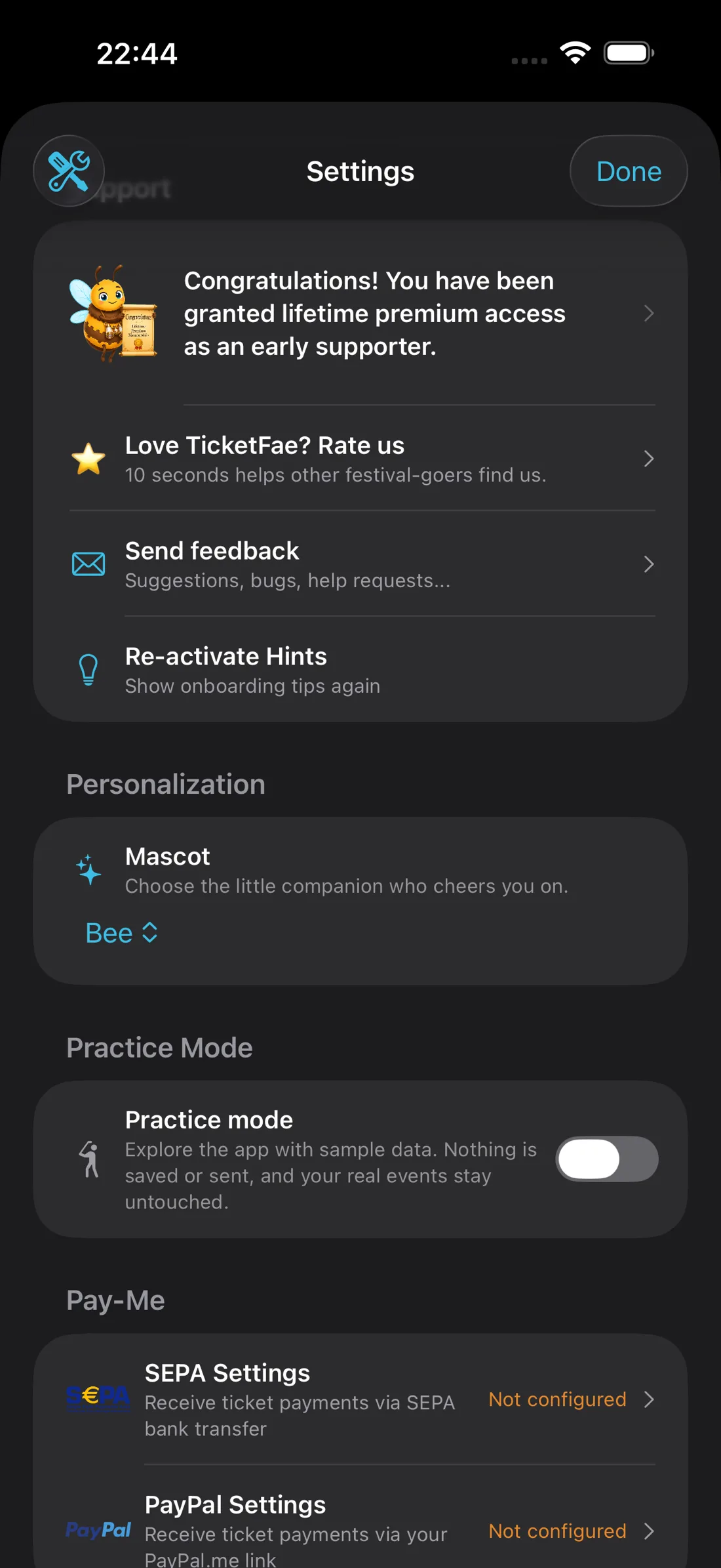 TicketFae Pay-Me settings with SEPA and PayPal configuration