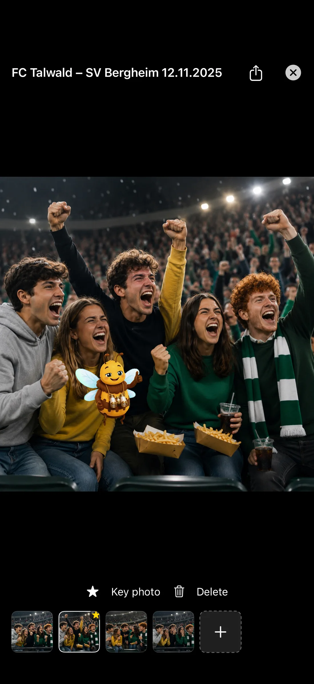 TicketFae photo gallery for a football match — friends in scarves cheering a goal, a memorable moment saved to the event