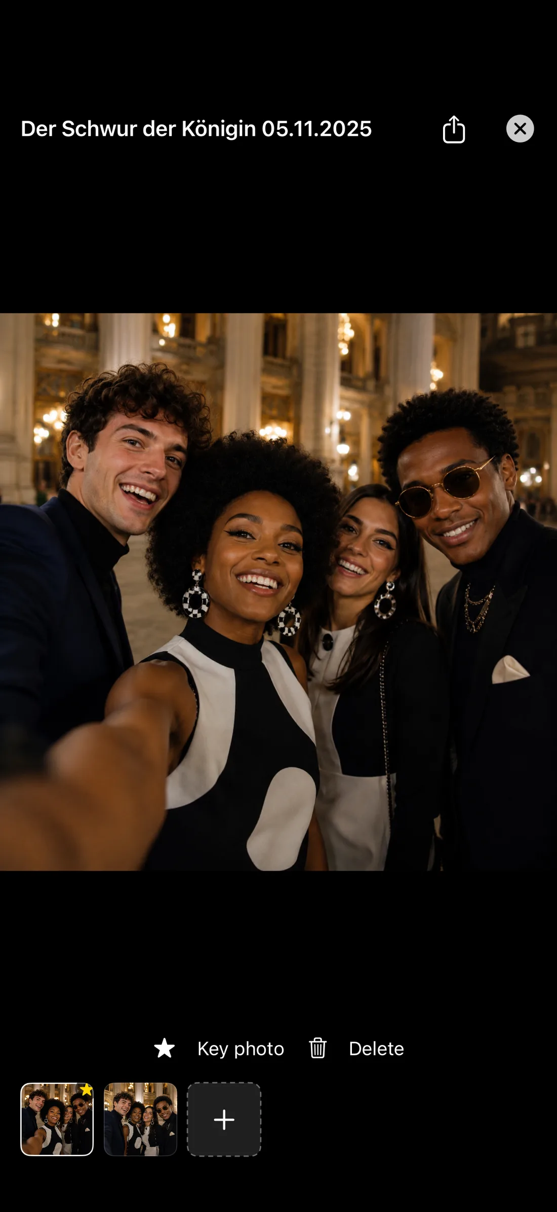 TicketFae event photo gallery — friends in black tie sharing a memorable selfie after the opera Der Schwur der Königin