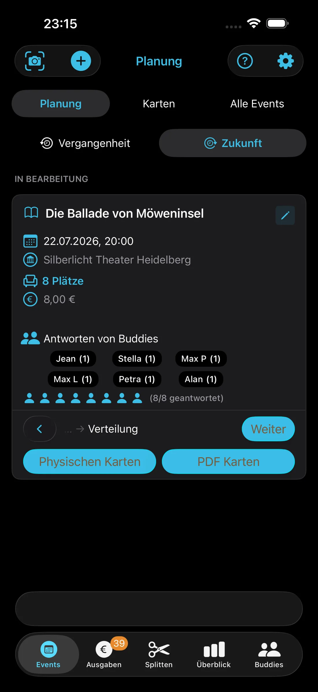 TicketFae-Eventplanung mit Live-Antworten der Sitzabfrage von acht Freunden