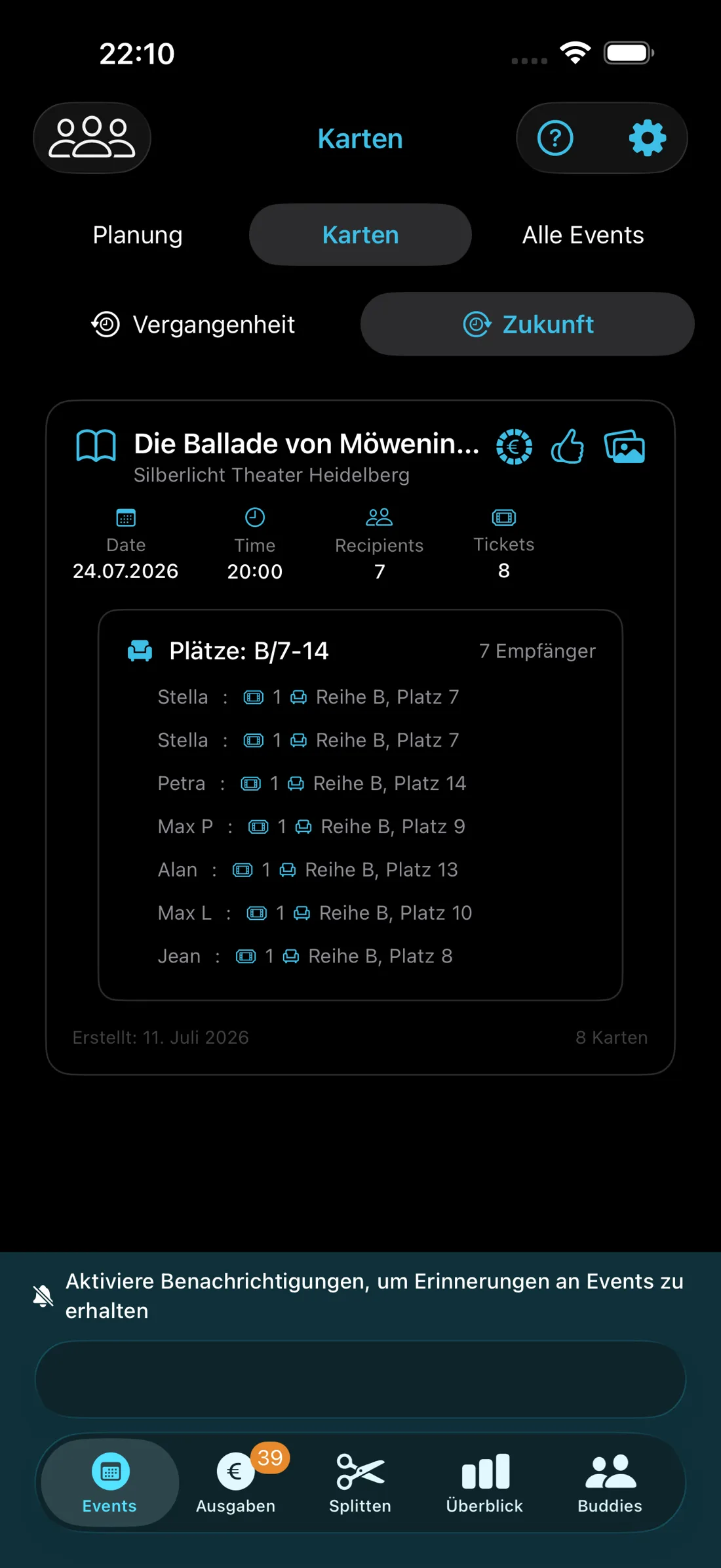 TicketFae-Event-Karte mit den zugewiesenen Sitzplätzen und dem Versandstatus jedes Buddys