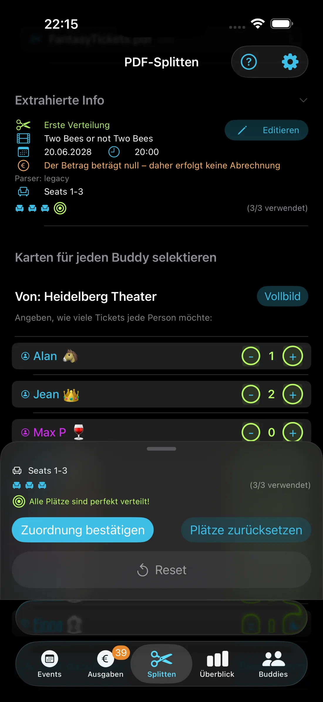 TicketFae liest Film, Datum, Ort, Plätze und Preis automatisch aus der Ticket-PDF aus