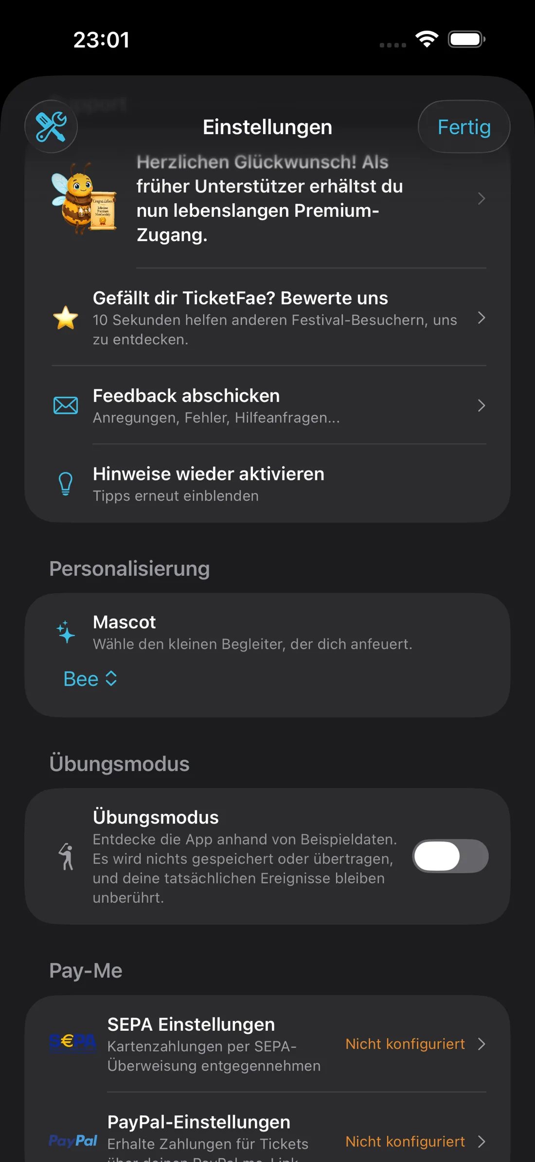 TicketFae-Pay-Me-Einstellungen mit SEPA- und PayPal-Konfiguration